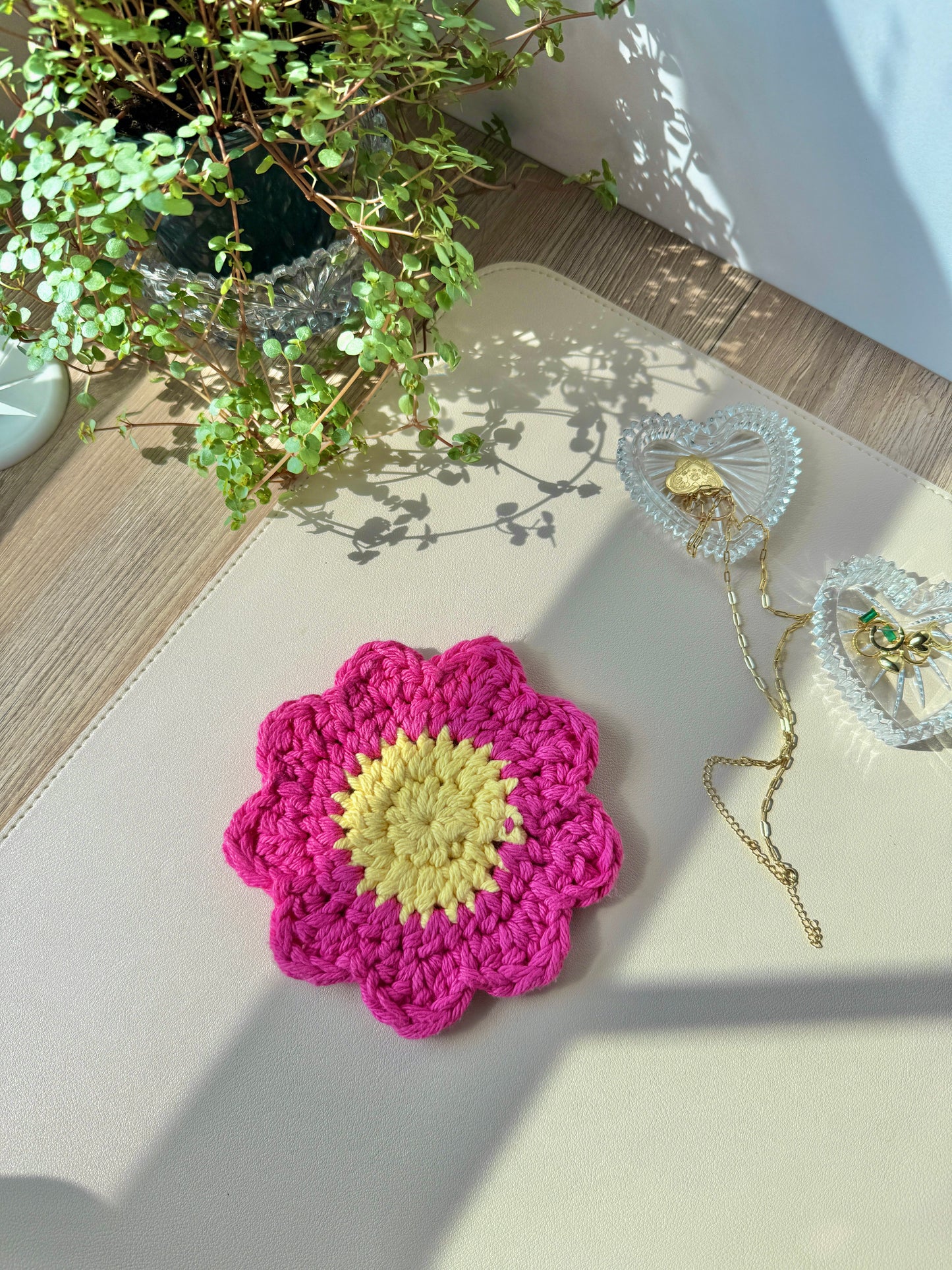 Pink and Yellow Flower Crocheted Coaster