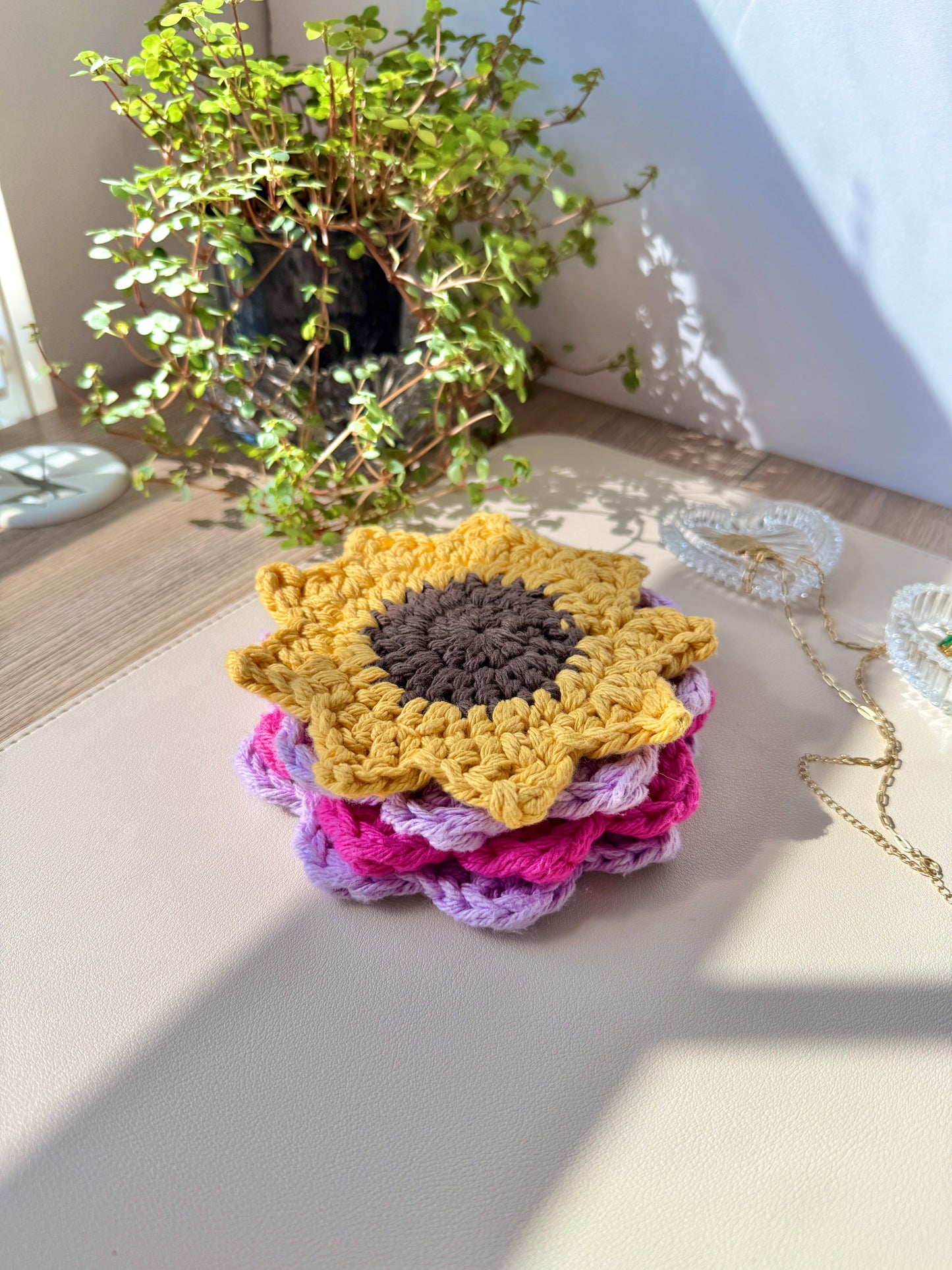 Pink and Yellow Flower Crocheted Coaster