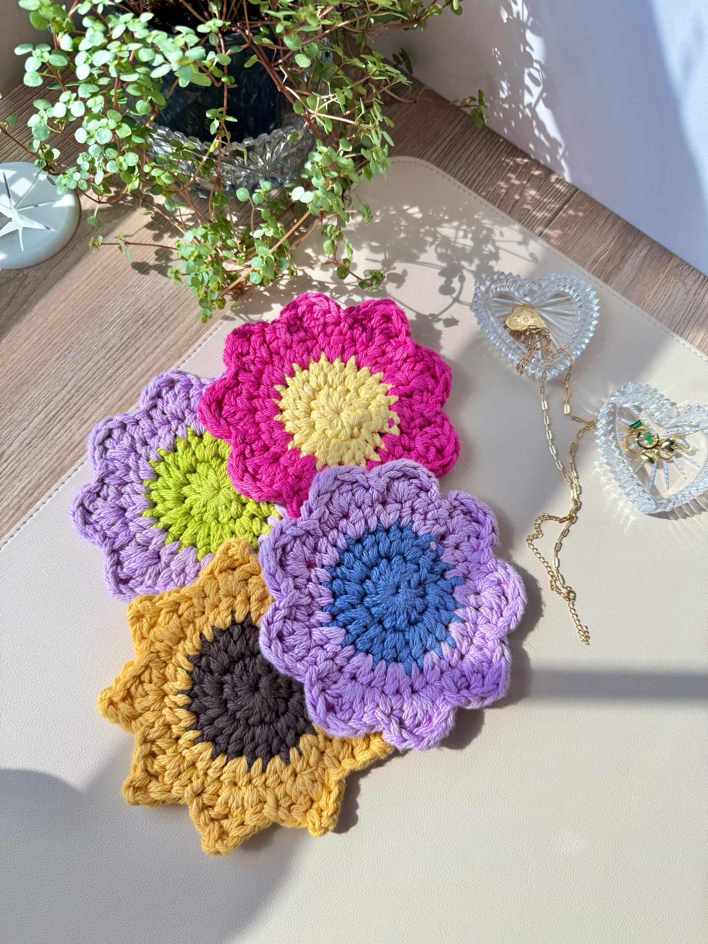 Pink and Yellow Flower Crocheted Coaster