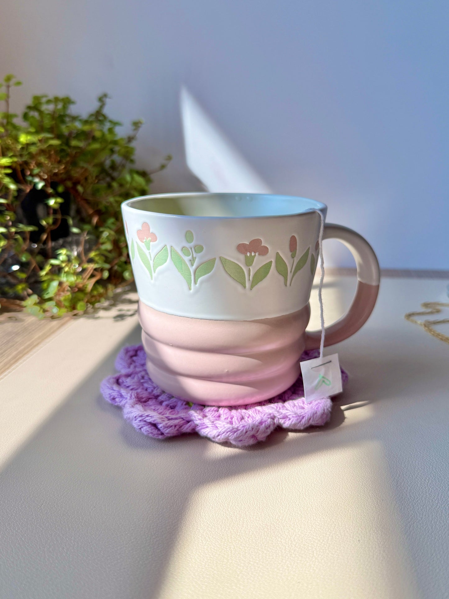 Purple & Green Flower Crocheted Coaster