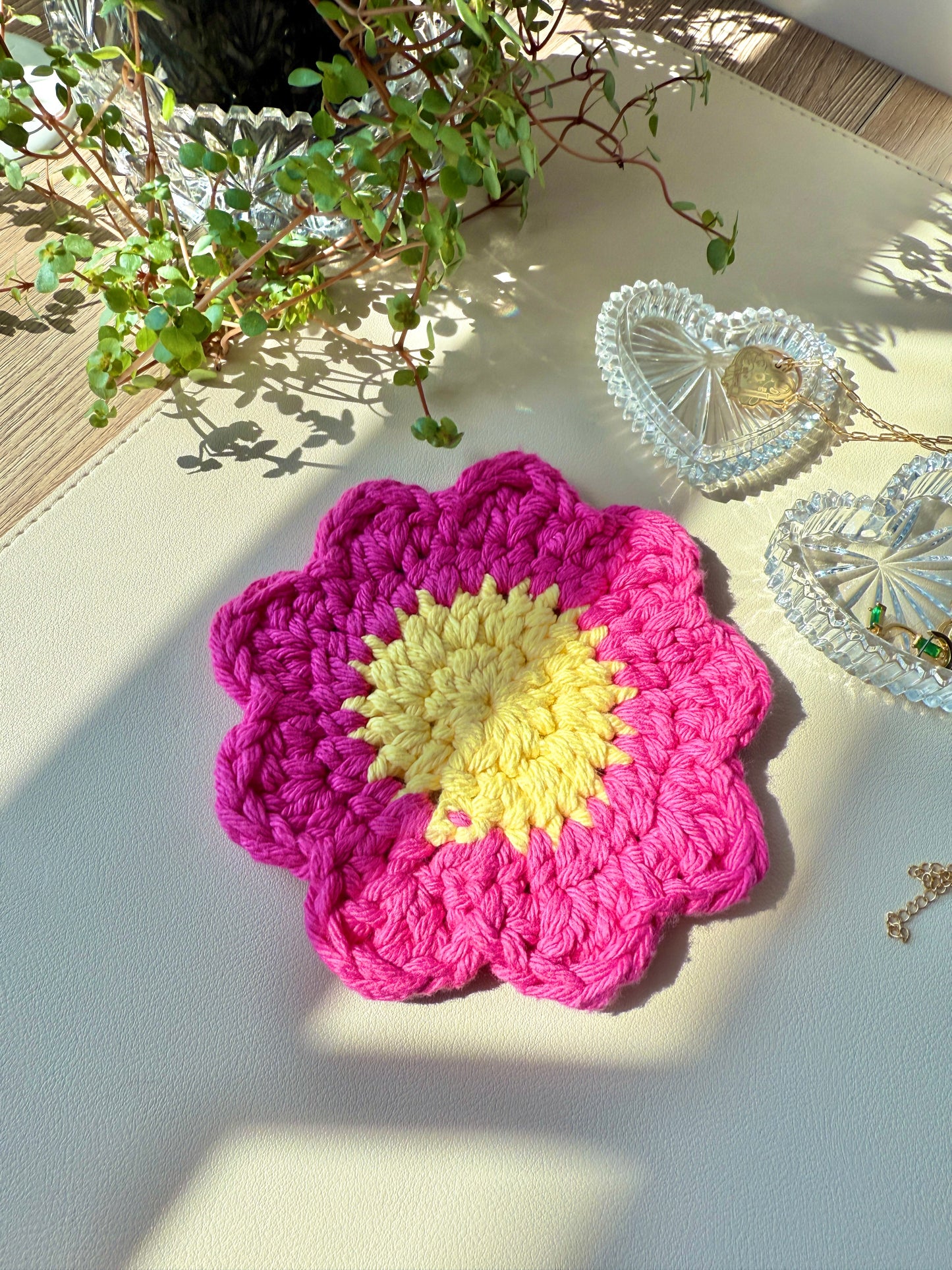 Pink and Yellow Flower Crocheted Coaster
