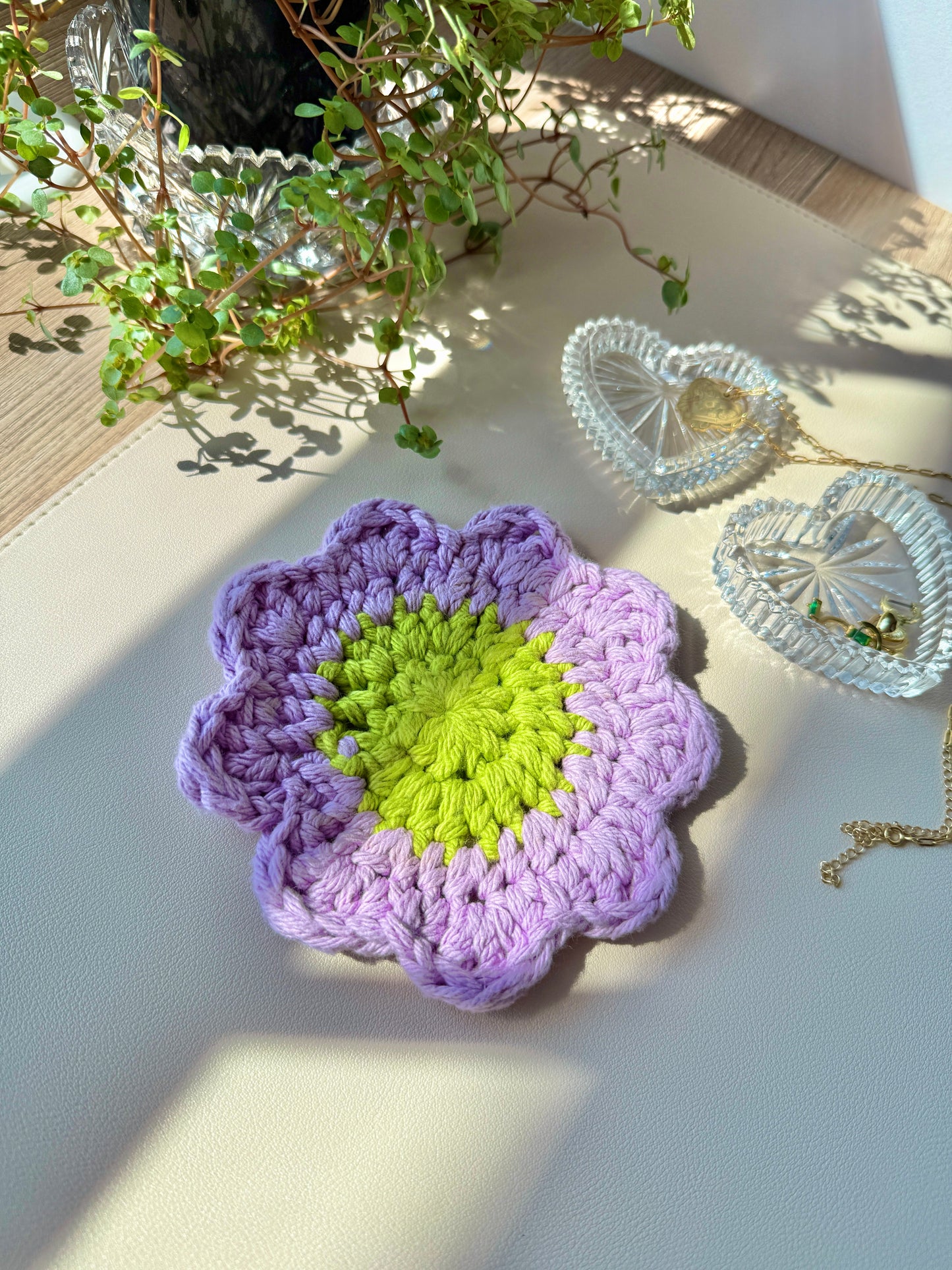 Purple & Green Flower Crocheted Coaster