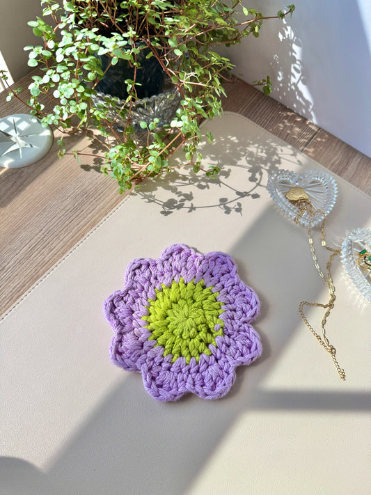 Purple & Green Flower Crocheted Coaster