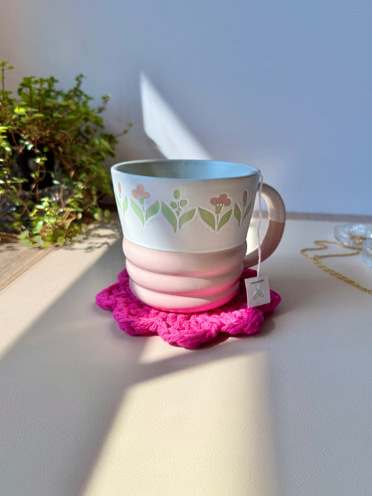 Pink and Yellow Flower Crocheted Coaster