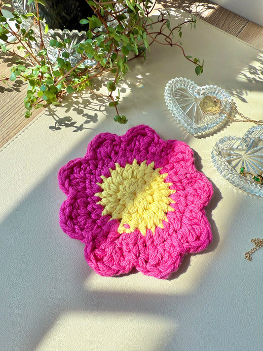 Pink and Yellow Flower Crocheted Coaster