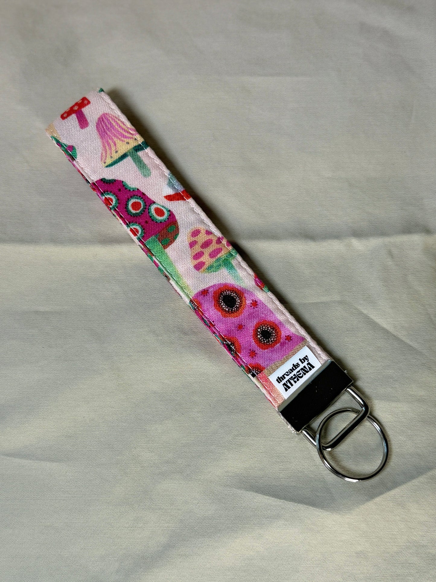 Pink Mushrooms Wristlet Keychain
